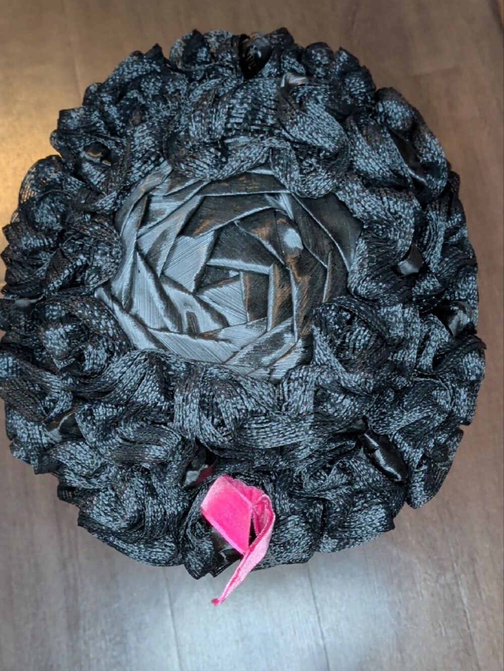 Vintage 60s Brianti Pillbox Hat Black Woven Straw & Ribbon Pink Bow Accent 20" - Picture 12 of 16